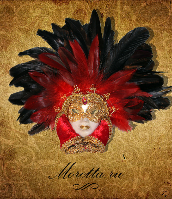 маска миниатюра с чёрно-красными перьями и золотым декором 1